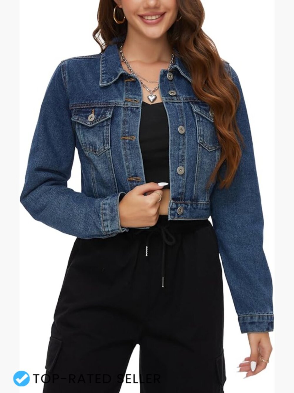 Cropped Denim Jean Jacket Women Y2K Button Down Long Sleeve Classic Trucker
